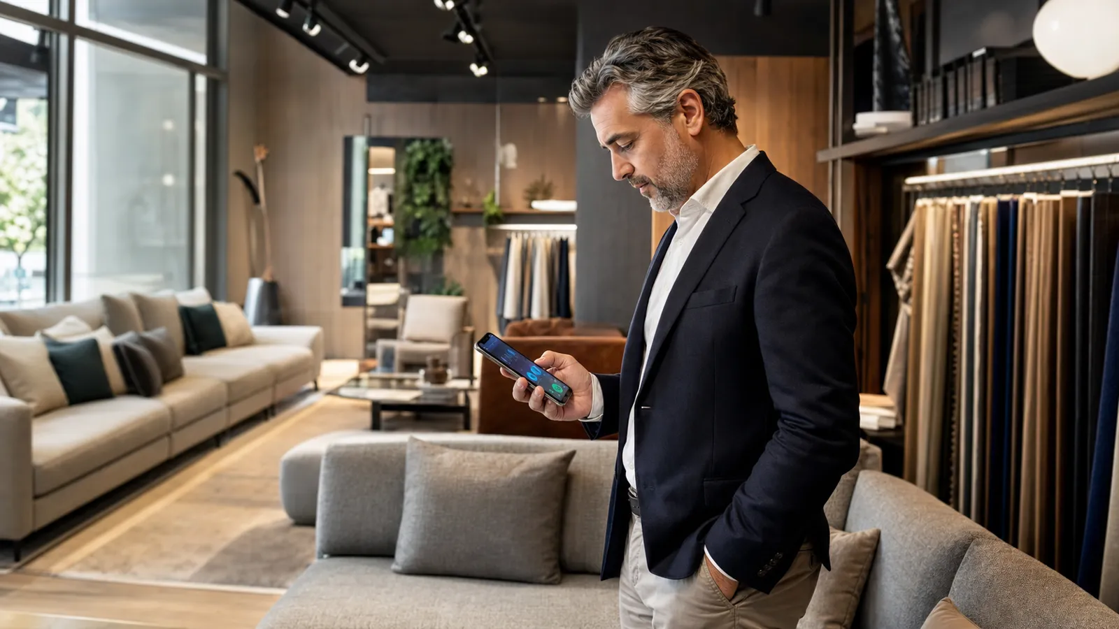 Imprenditore che controlla l'assistenza dal telefono in showroom